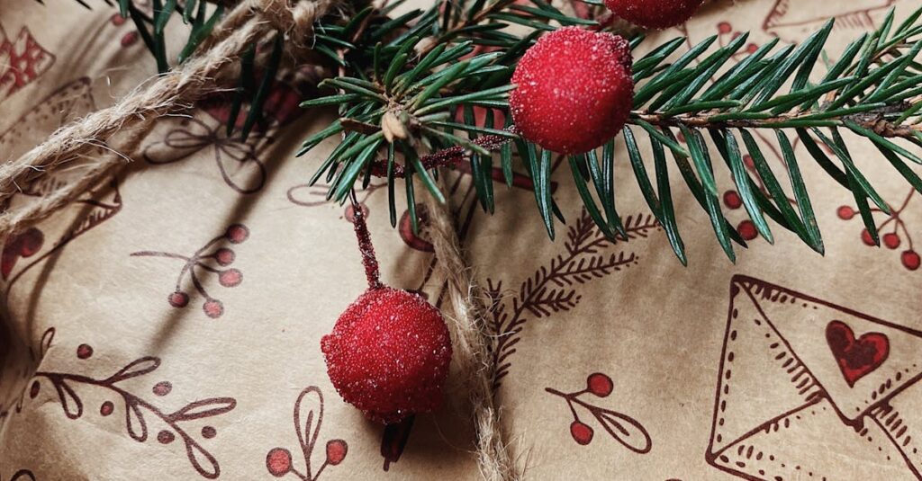 Close-up of a festive holiday gift with natural decorations and rustic wrapping.
